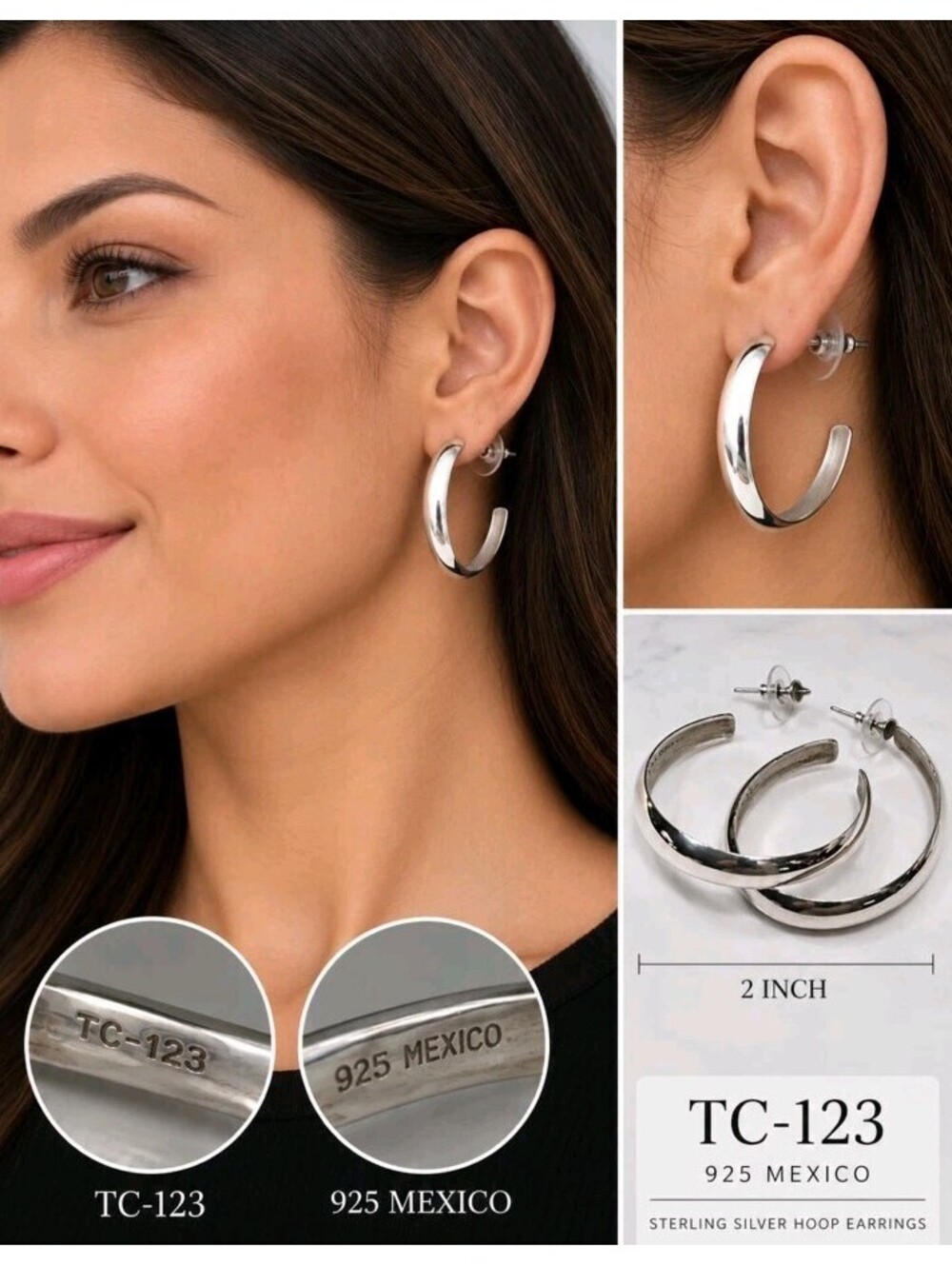 Vintage TC-123 925 Mexico Sterling Silver Large Hoop Earrings 2" Pierced